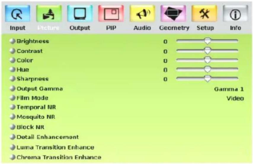 Input Picture Output PIP Audio Geometry Setup Info Brightness 0 Gamma 1 Contrast 0 Video Color 0 Hue 0 Sharpness 0 Output Gamma Gamma 1 Film Mode Video Temporal NR Mosquito NR Block NR Detail Enhancement Luma Transition Enhance Chroma Transition Enhance