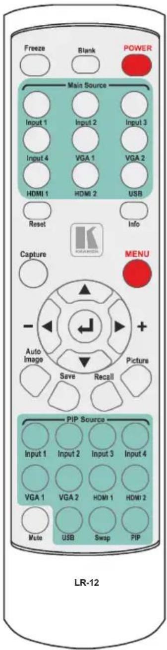 Freeze Blank POWER Main Source Input 1 Input 2 Input 3 Input 4 VGA 1 VGA 2 HDMI 1 HDMI 2 USB Reset Info Capture MENU - + Auto Image Save Recall Picture PIP Source Input 1 Input 2 Input 3 Input 4 VGA 1 VGA 2 HDMI 1 HDMI 2 Mute USB Swap PIP LR-12