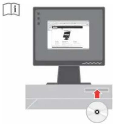 Illustration of a computer monitor displaying a webpage with an arrow pointing to a CD, alongside a book icon labeled 'i'.