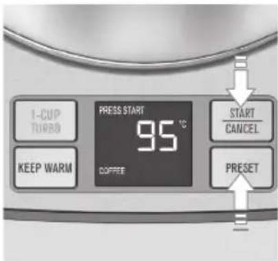 1-CUP TURBO KEEP WARM PRESS START 95 °C COFFEE START CANCEL PRESET