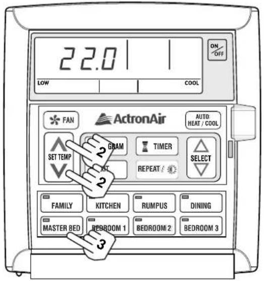 22.0 LOW COOL FAN ActronAir AUTO HEAT / COOL SET TEMP GRAM TIMER SELECT REPEAT / FAMILY KITCHEN RUMPUS DINING MASTER BED BEDROOM 1 BEDROOM 2 BEDROOM 3