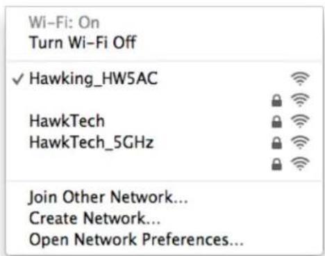 Wi-Fi: On Turn Wi-Fi Off ✓ Hawking_HW5AC HawkTech HawkTech_5GHz Join Other Network... Create Network... Open Network Preferences...