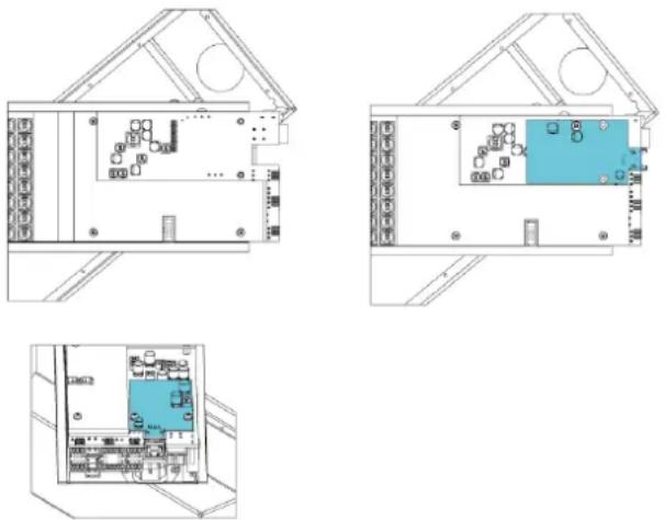 Three technical line drawings of a room layout with furniture and storage areas. No text or symbols present.