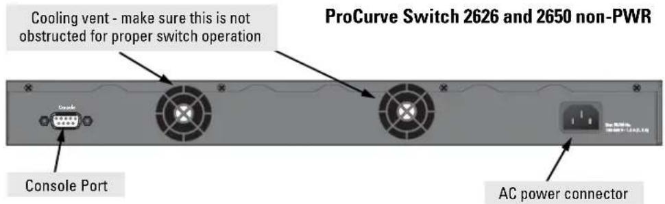ProCurve Switch 2626 and 2650 non-PWR Cooling vent - make sure this is not obstructed for proper switch operation Console Port AC power connector