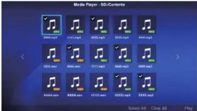 Media Player - SDs/Contents 0000.mp3 1111.mp3 2222.mp3 3333.mp3 4444.mp3 5500.mov 6564.mov 7777.mp3 8888.mp3 9998.mp3 AAAA.mov BBBB.mov CCC.mov OCDD.mov EEE.mov Select All Clear All Play