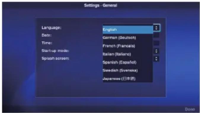 Settings - General Language: Date: Time: Start-up mode: Splash screen: English German (Deutsch) French (Francais) Italian (Italiano) Spanish (Español) Swedish (Svenska) Japansaa (日本語)