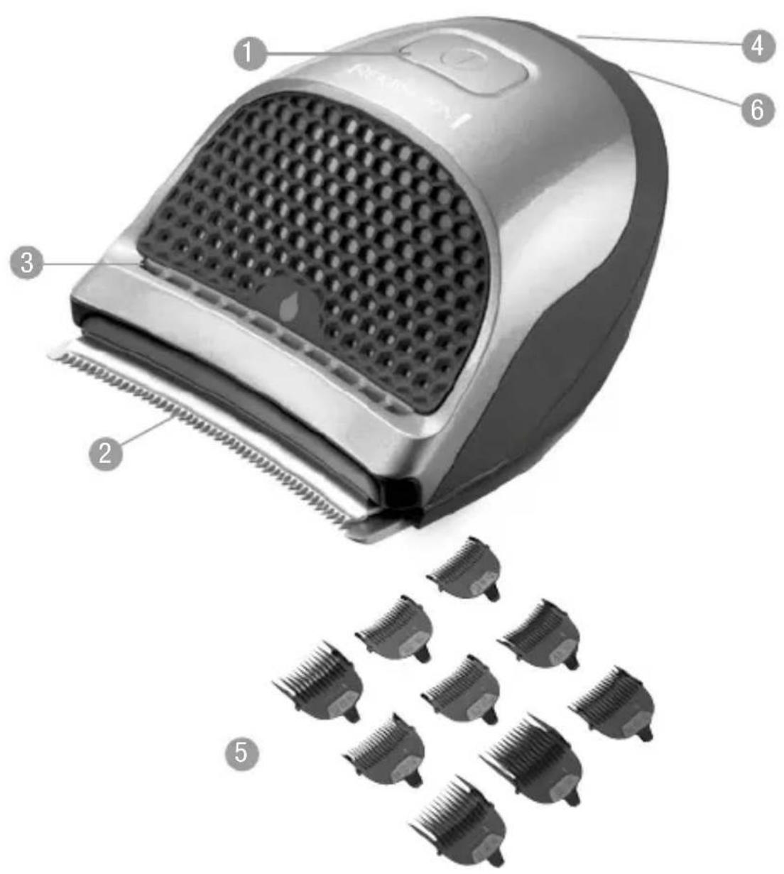 Diagram of a hair dryer with numbered parts and a collection of hair cutouts for labeling.