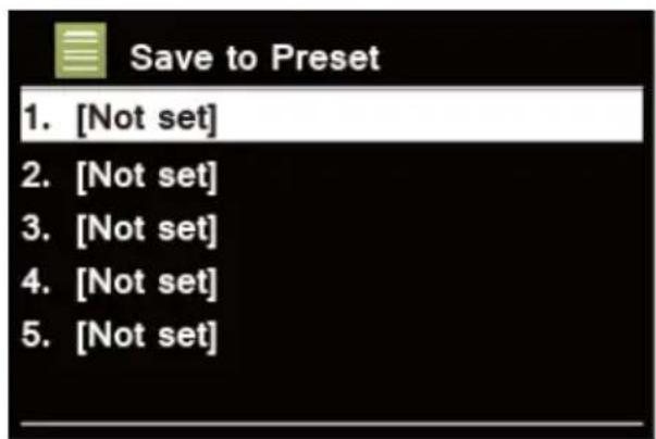 Save to Preset 1. [Not set] 2. [Not set] 3. [Not set] 4. [Not set] 5. [Not set]