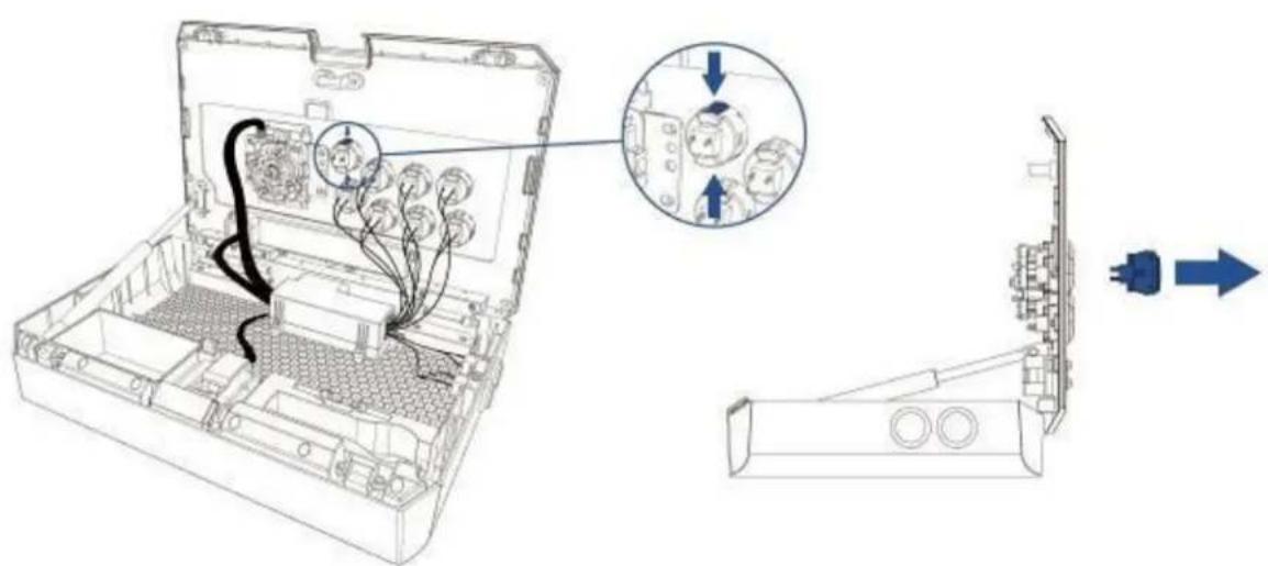 Technical diagram showing internal wiring connections in an electronic device, with magnified views highlighting component assembly.