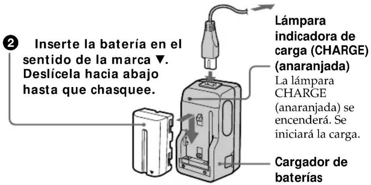2 Inserte la batería en el sentido de la marca ▼. Deslícela hacia abajo hasta que chasquee. Lámpara indicadora de carga (CHARGE) (anaranjada) La lámpara CHARGE (anaranjada) se encenderá. Se iniciará la carga. Cargador de baterías