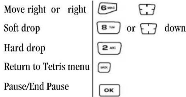 Move right or right 6 MINO Soft drop 8 TIN or down Hard drop 2 AKI Return to Tetris menu BACK Pause/End Pause OK