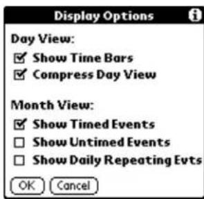 Display Options Day View: ✓ Show Time Bars ✓ Compress Day View Month View: ✓ Show Timed Events □ Show Untimed Events □ Show Daily Repeating Evts OK Cancel