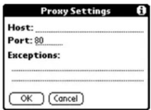 Proxy Settings Host: ________ Port: 80 ________ Exceptions: ------------------ ------------------ OK Cancel
