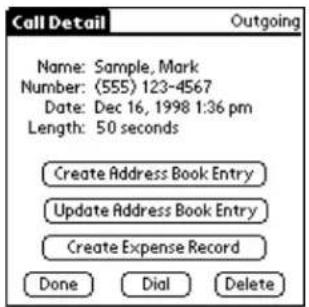 Call Detail Outgoing Name: Sample, Mark Number: (555) 123-4567 Date: Dec 16, 1998 1:36 pm Length: 50 seconds Create Address Book Entry Update Address Book Entry Create Expense Record Done Dial Delete
