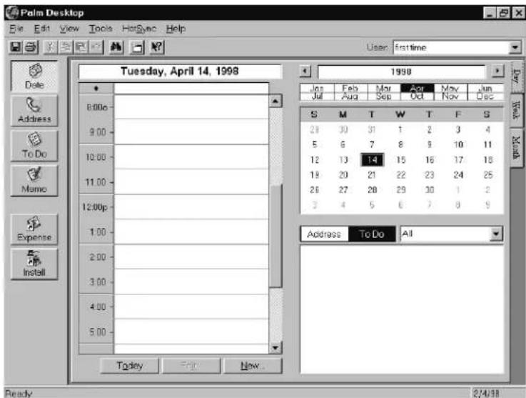 Palm Desktop File Edit View Tools HotSync Help User: firsttime Tuesday, April 14, 1998 1998 Jos Feb Mar Apr May Jun Jul Aug Sep Oct Nov Dec S M T W T F S 28 30 31 1 2 3 4 5 6 7 8 9 10 11 12 13 14 15 16 17 18 19 20 21 22 23 24 25 26 27 28 29 30 1 2 3 4 5 6 7 8 9 Address To Do All Today New... Ready 2/4/18