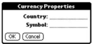 Currency Properties Country: ________ Symbol: ________ OK Cancel
