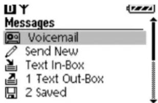 Messages Voicemail Send New Text In-Box 1 Text Out-Box 2 Saved