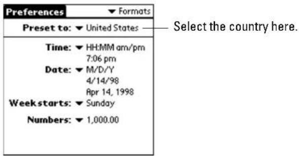 Preferences Formats Preset to: ▼ United States Time: ▼ HH:MM am/pm 7:06 pm Date: ▼ M/D/Y 4/14/98 Apr 14, 1998 Week starts: ▼ Sunday Numbers: ▼ 1,000.00 Select the country here.