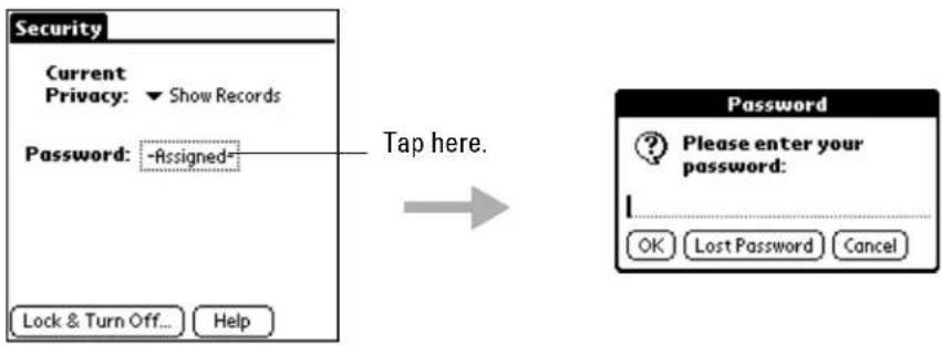 Security Current Privacy: ▼ Show Records Password: -Assigned= Lock & Turn Off... Help Tap here. Password ? Please enter your password: OK Lost Password Cancel