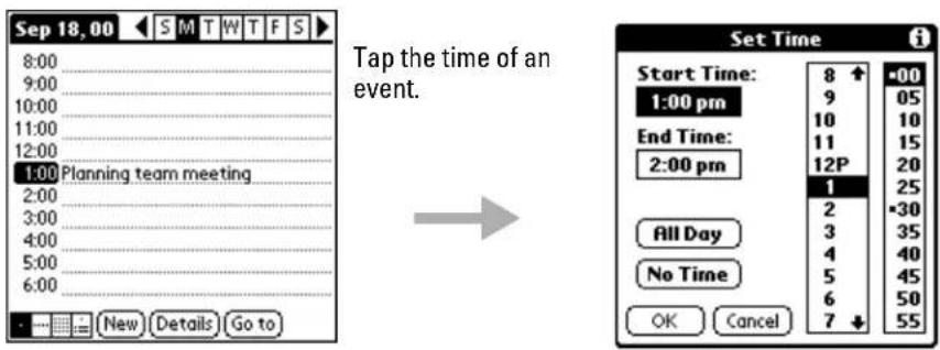 Sep 18,00 8:00 9:00 10:00 11:00 12:00 1:00 Planning team meeting 2:00 3:00 4:00 5:00 6:00 New Details Go to Tap the time of an event. Set Time Start Time: 8 ↑ -00 1:00 pm 9 05 End Time: 10 10 11 15 2:00 pm 12P 20 1 25 2 *30 3 35 4 40 5 45 6 50 7 ↓ 55 All Day No Time OK Cancel