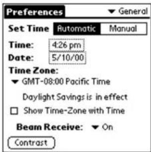 Preferences General Set Time Automatic Manual Time: 4:26 pm Date: 5/10/00 Time Zone: GMT-08:00 Pacific Time Daylight Savings is in effect Show Time-Zone with Time Beam Receive: On Contrast