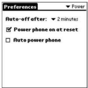 Preferences ▼ Power Auto-off after: ▼ 2 minutes ✓ Power phone on at reset □ Auto power phone