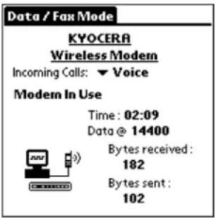 Data / Fax Mode KYOCERA Wireless Modem Incoming Calls: ▼ Voice Modem In Use Time: 02:09 Data @ 14400 Bytes received: 182 Bytes sent: 102