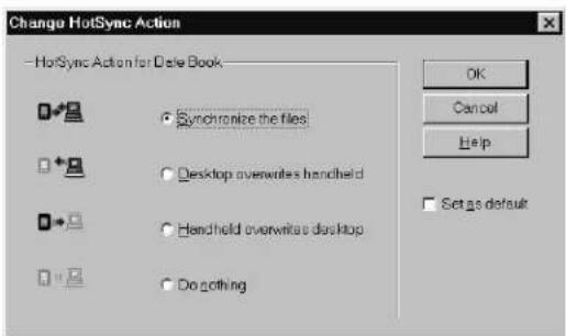 Change HotSync Action HotSync Action for Date Book Synchronize the files Desktop overwrites handheld Handheld overwrites desktop Do nothing OK Cancel Help Set as default