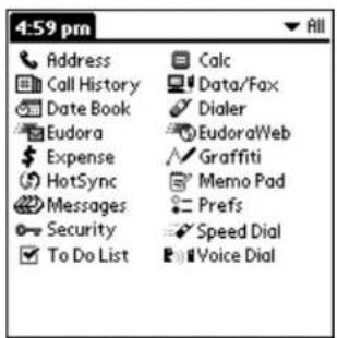 4:59 pm Address Calc Call History Data/Fax Date Book Dialer Eudora EudoraWeb Expense Graffiti HotSync Memo Pad Messages Prefs Security Speed Dial To Do List Voice Dial