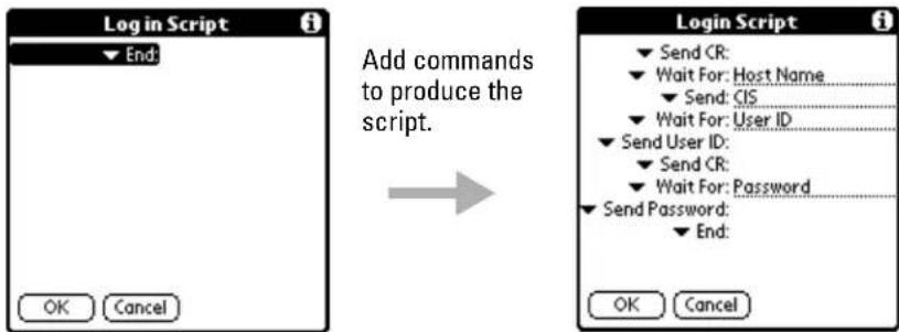 Log in Script End: OK Cancel Add commands to produce the script. Login Script Send CR: Wait For: Host Name Send: CIS Wait For: User ID Send User ID: Send CR: Wait For: Password Send Password: End: OK Cancel