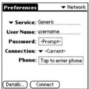 Preferences Service: Generic User Name: username Password: -Prompt- Connection: -Current- Phone: Tap to enter phone Details... Connect