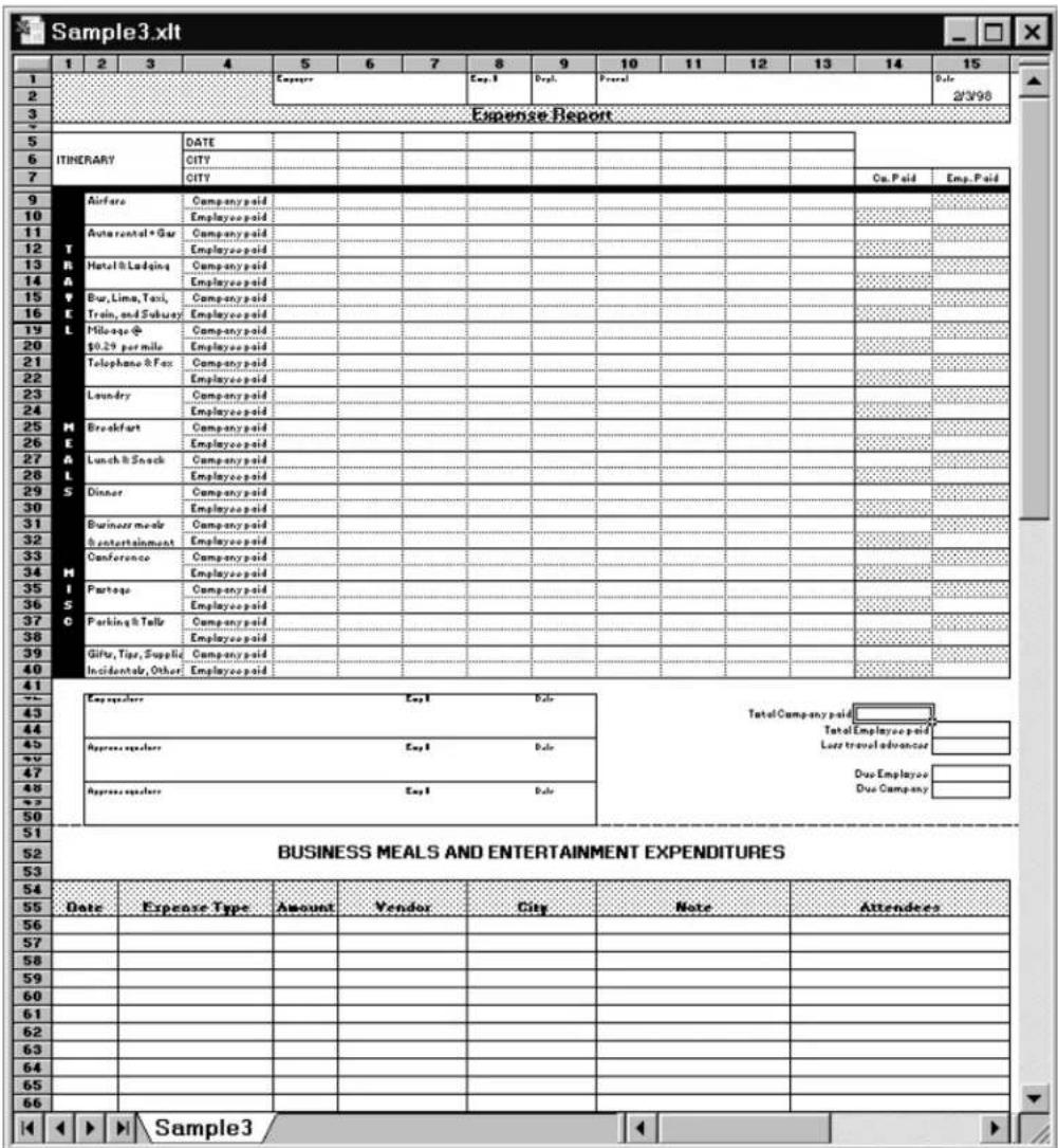 Sample3.xlt 1 2 3 4 5 6 7 8 9 10 11 12 13 14 15 1 2 3 Expense Report 5 ITINERARY DATE 6 CITY 7 CITY 9 Airfare Company paid 10 Employee paid 11 Auto rental & Car Company paid 12 Employee paid 13 Hotel & Lodging Company paid 14 Employee paid 15 Bar, Lime, Taxi, 16 Train, and Subway Employee paid 17 Hill-age @ Company paid 18 $0.29 per mile Employee paid 19 Telephone & Fax Company paid 20 Employee paid 21 Employee paid 22 Employee paid 23 Laundry Company paid 24 Employee paid 25 Breakfast Company paid 26 Employee paid 27 Lunch & Snack Company paid 28 Employee paid 29 Dinner Company paid 30 Employee paid 31 Burmear meals Company paid 32 Entertainment Company paid 33 Conference Company paid 34 Employee paid 35 Package Company paid 36 Employee paid 37 Parking & Talk Company paid 38 Employee paid 39 Gift, Tips, Supplie Company paid 40 Incidentator, Other Employee paid 41 Empluent Log Date 42 Total Company paid 43 Total Employee paid 44 Laze travel advance 45 46 Due Employee 47 Due Company 48 49 50 51 52 BUSINESS MEALS AND ENTERTAINMENT EXPENDITURES 53 54 Date Expense Type Amount Vendor City Note Attendees 55 56 57 58 59 60 61 62 63 64 65 66 Sample3