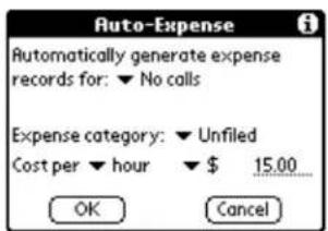 Auto-Expense Automatically generate expense records for: ▼ No calls Expense category: ▼ Unfiled Cost per ▼ hour ▼ $ 15.00 OK Cancel