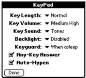 KeyPad Key Length: ▼ Normal Key Volume: ▼ Medium High Key Sound: ▼ Tones Backlight: ▼ Disabled Keyguard: ▼ When asleep □ Any-Key Answer □ Auto-Hypen Done