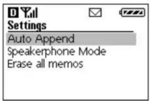 Settings Auto Append Speakerphone Mode Erase all memos