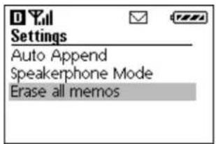 Settings Auto Append Speakerphone Mode Erase all memos