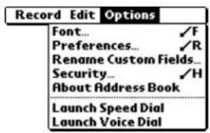 Record Edit Options Font... ✓F Preferences... ✓R Rename Custom Fields... Security... ✓H About Address Book Launch Speed Dial Launch Voice Dial
