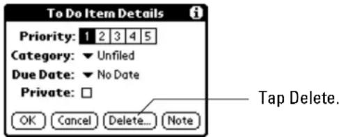 To Do Item Details Priority: 1 2 3 4 5 Category: ▼ Unfiled Due Date: ▼ No Date Private: □ OK Cancel Delete... Note Tap Delete.