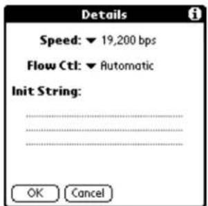 Details Speed: ▼ 19,200 bps Flow Ctl: ▼ Automatic Init String: OK Cancel