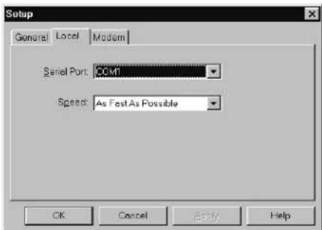 Setup General Local Modern Serial Port: QCM1 Speed: As Fast As Possible OK Cancel Help