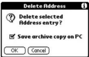 Delete Address Delete selected Address entry? Save archive copy on PC OK Cancel