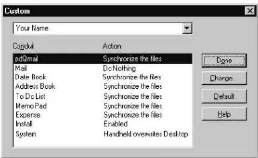 Custom Your Name Conduit Action pdMail Synchronize the files Mail Do Nothing Date Book Synchronize the files Address Book Synchronize the files To Do List Synchronize the files Memo Pad Synchronize the files Expense Synchronize the files Install Enabled System Handheld overwrites Desktop Done Change Default Help