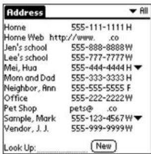 Address Home 555-111-1111 H Home Web http://www. .co Jen's school 555-888-8888 W Lee's school 555-777-7777 W Mei, Hua 555-444-4444 H▼ Mom and Dad 555-333-3333 H Neighbor, Ann 555-555-5555 F Office 555-222-2222 W Pet Shop pets@ .co Sample, Mark 555-123-4567 W▼ Vendor, J. J. 555-999-9999 W Look Up: New