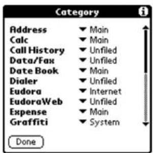 Category Address Calc Call History Data/Fax Date Book Dialer Eudora EudoraWeb Expense Graffiti Done ▼ Main ▼ Main ▼ Unfiled ▼ Unfiled ▼ Main ▼ Unfiled ▼ Internet ▼ Unfiled ▼ Main ▼ System