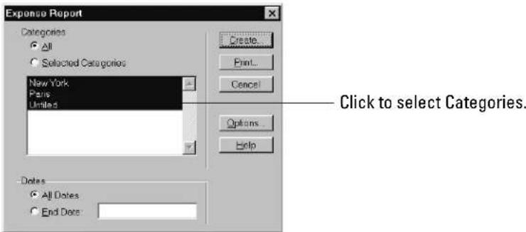Expense Report Categories All Selected Categories New York Paris United States Create... Print... Cancel Options... Help Dates All Dates End Date: Click to select Categories.
