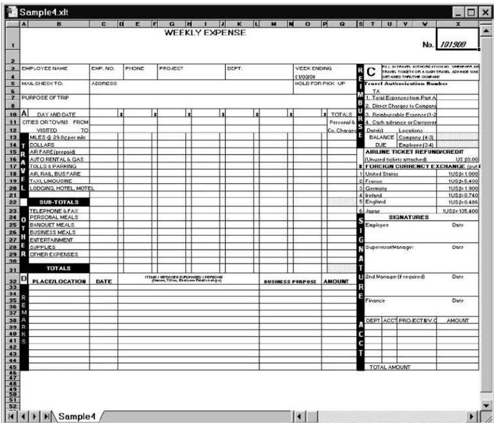 Sample4.xlt A B C D E F G H I J K L M N O P Q S T U V V X WEEKLY EXPENSE No. 101900 1 2 3 EMPLOYEE NAME EMP. NO. PHONE PROJECT DEPT. VECK ENDING E/00/0000 C C PILL INTENDED AUTHORIZATION NO. UNNEERK OR PARELL TOGETTER OF A GREEN ISABEL ADVANCE WAS DEFINED THYTHE COMPANY 5 MAIL CHECK TO. ADDRESS HOLD FOR PICK-UP Travel Authorization Number TA 7 PURPOSE OF TRIP 8 A DAY AND DATE TOTALS 11 CITIES OR TOWNS FROM 12 VISITED TO Personal & Co.Charge 13 MILES G 29.0¢ per mile Date&Locations 14 DOLLARS BALANCE Company (4-3) 15 DUE Employee(3-4) 16 AR FARE (prepaid) 17 AUTO RENTAL & GAS 18 TOLLS & PARKING 19 AR, RAIL, BUSFARE 20 TAXI, LINOUSINE 21 LODGING, HOTEL MOTEL 22 23 SUB-TOTALS 24 TELEPHONE & FAX 25 PERSORIAL MEALS 26 BANQUET MEALS 27 BUSINESS MEALS 28 ENTERTAINMENT 29 SUPPLIES 30 CHERER EXPENSES 31 TOTALS 32 PLACE/LOCATION DATE ITIME / DEVICES & POURSES / PERSONS (Same, Title, Business Payments) BUSINESS PURPOSE AMOUNT SIGNATURES Employee Date Supervisor Manager Date 2nd Manager (if required) Date Finance Date DEPT ACCT PROJECT#V.D AMOUNT TOTAL AMOUNT TOTAL