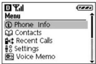 Menu Phone Info Contacts Recent Calls Settings Voice Memo