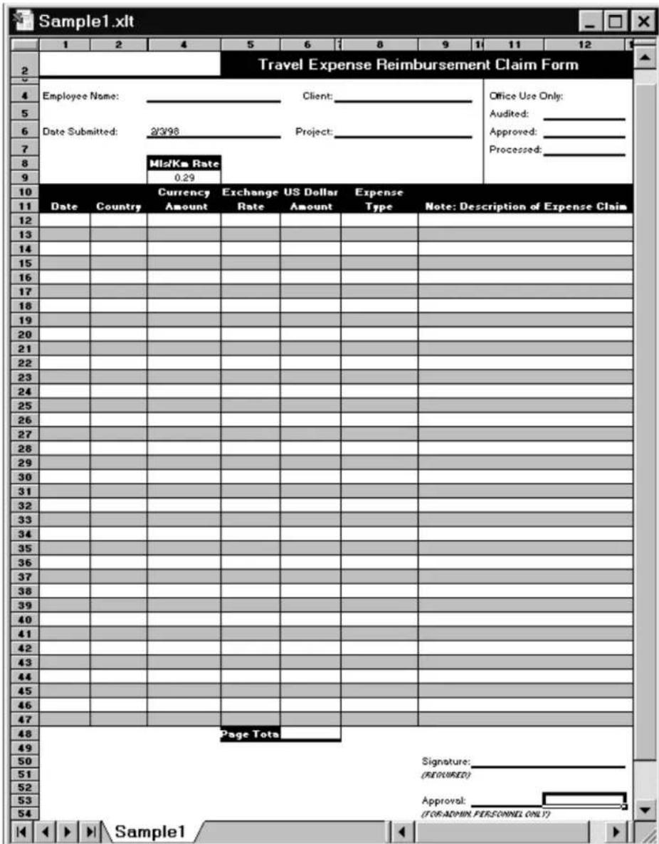 Sample1.xlt 1 2 4 5 6 8 9 1 11 12 2 Travel Expense Reimbursement Claim Form Employee Name: Client: Date Submitted: Project: Mkt/Km Rate 0.29 Office Use Only: Audited: Approved: Processed: 10 11 Date Currency Exchange US Dollar Expense Amount Rate Amount Type Note: Description of Expense Claim 12 13 14 15 16 17 18 19 20 21 22 23 24 25 26 27 28 29 30 31 32 33 34 35 36 37 38 39 40 41 42 43 44 45 46 47 48 Page Tota 49 Signature: 50 (REQUIRED) 51 52 Approval: 53 (FOR ADMIN. PERSONNEL ONLY) 54 Sample1