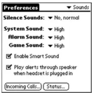 Preferences Silence Sounds: ▼ No, normal System Sound: ▼ High Alarm Sound: ▼ High Game Sound: ▼ High ✓ Enable Smart Sound ✓ Play alerts through speaker when headset is plugged in Incoming Calls... Status...