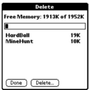 Delete Free Memory: 1913K of 1952K HardBall 19K MineHunt 10K Done Delete...